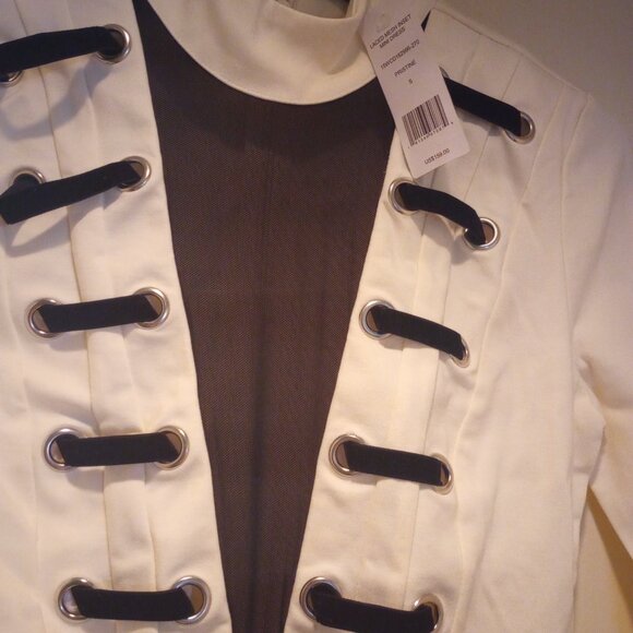 Bebe dress blk & wte long sleeve v sheer front laced mesh mini zip back S Nwt - Picture 6 of 9